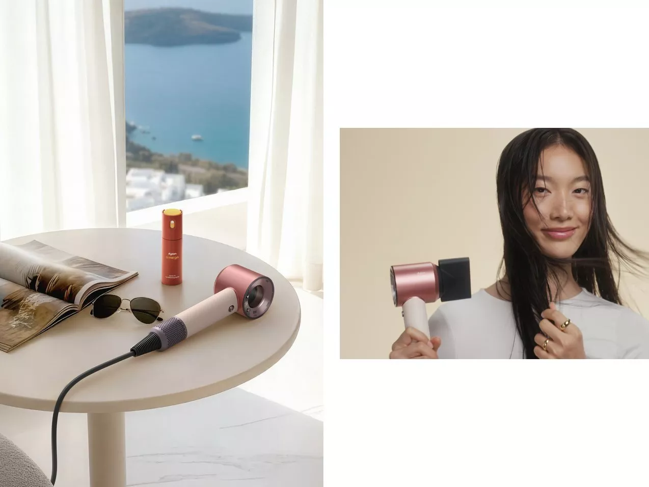 Dyson Supersonic hair dryer on table by sea-view window, plus woman blow-drying hair