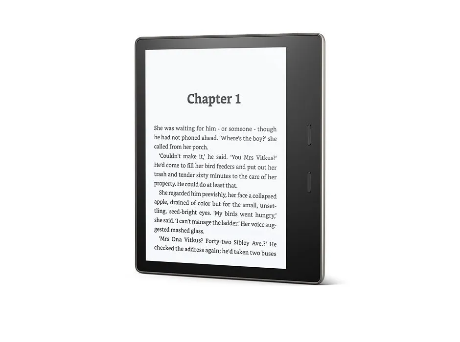 E-reader tablet displaying an ebook page titled Chapter 1, ideal for digital reading and online library use