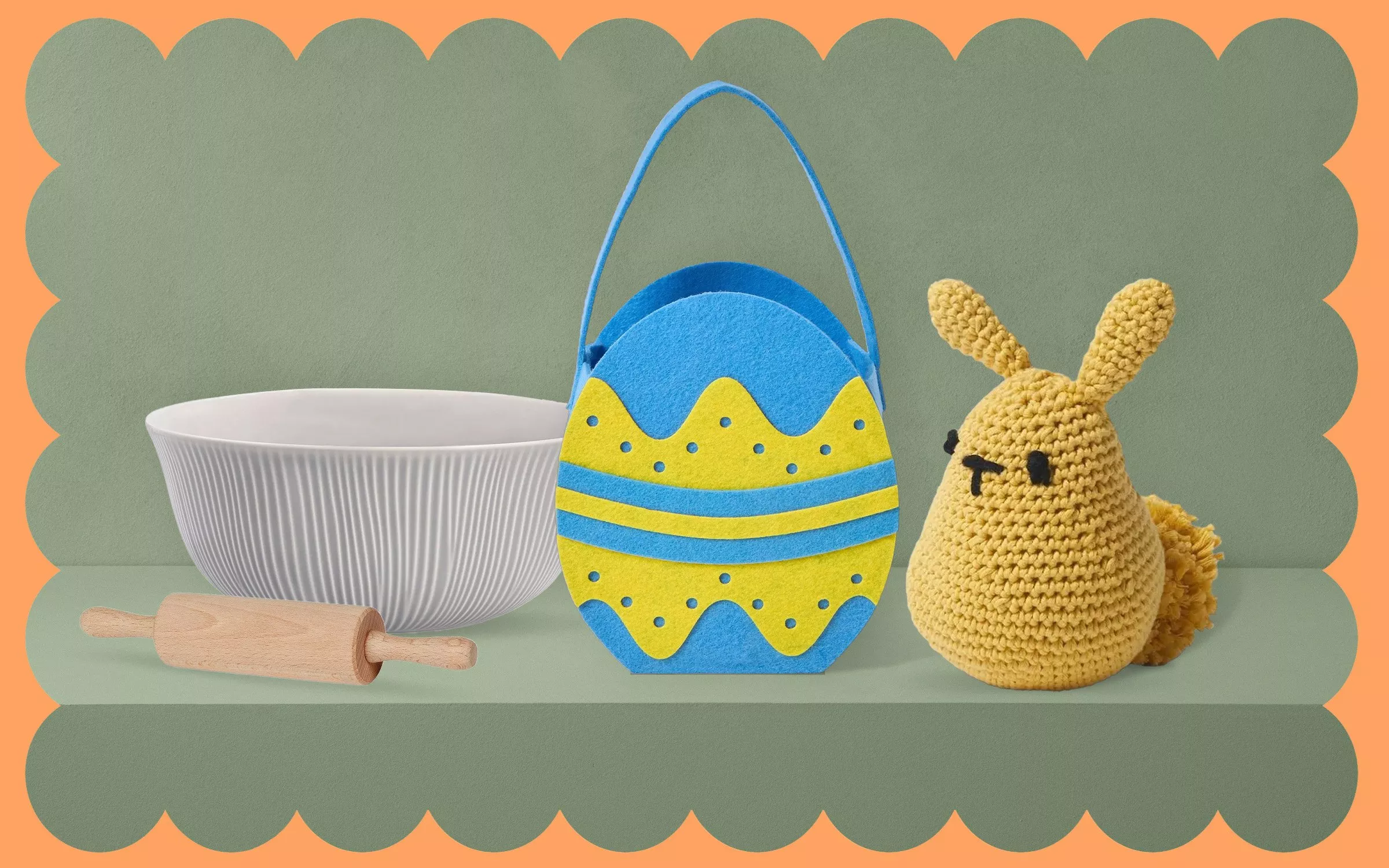 bowl, rolling pin, easter basket & toy