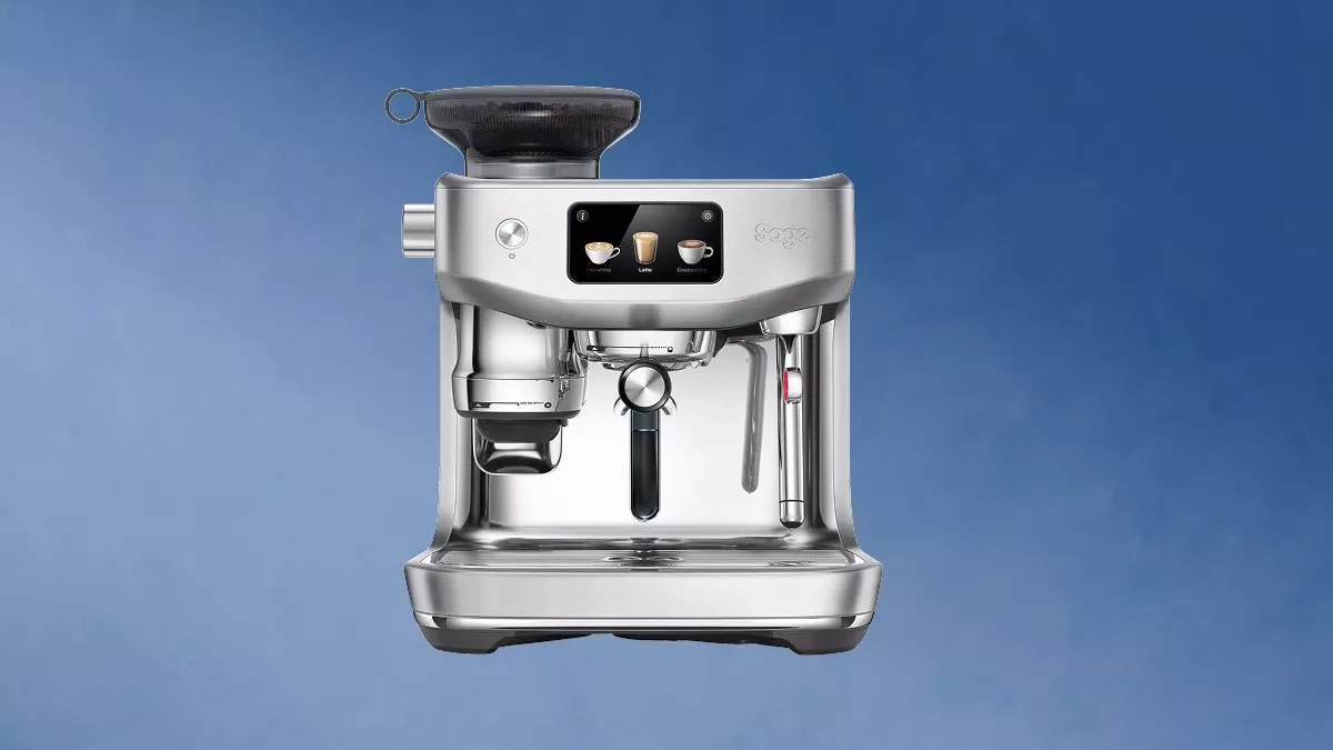 Sleek stainless steel coffee machine with a digital display panel, set against a gradient blue background.