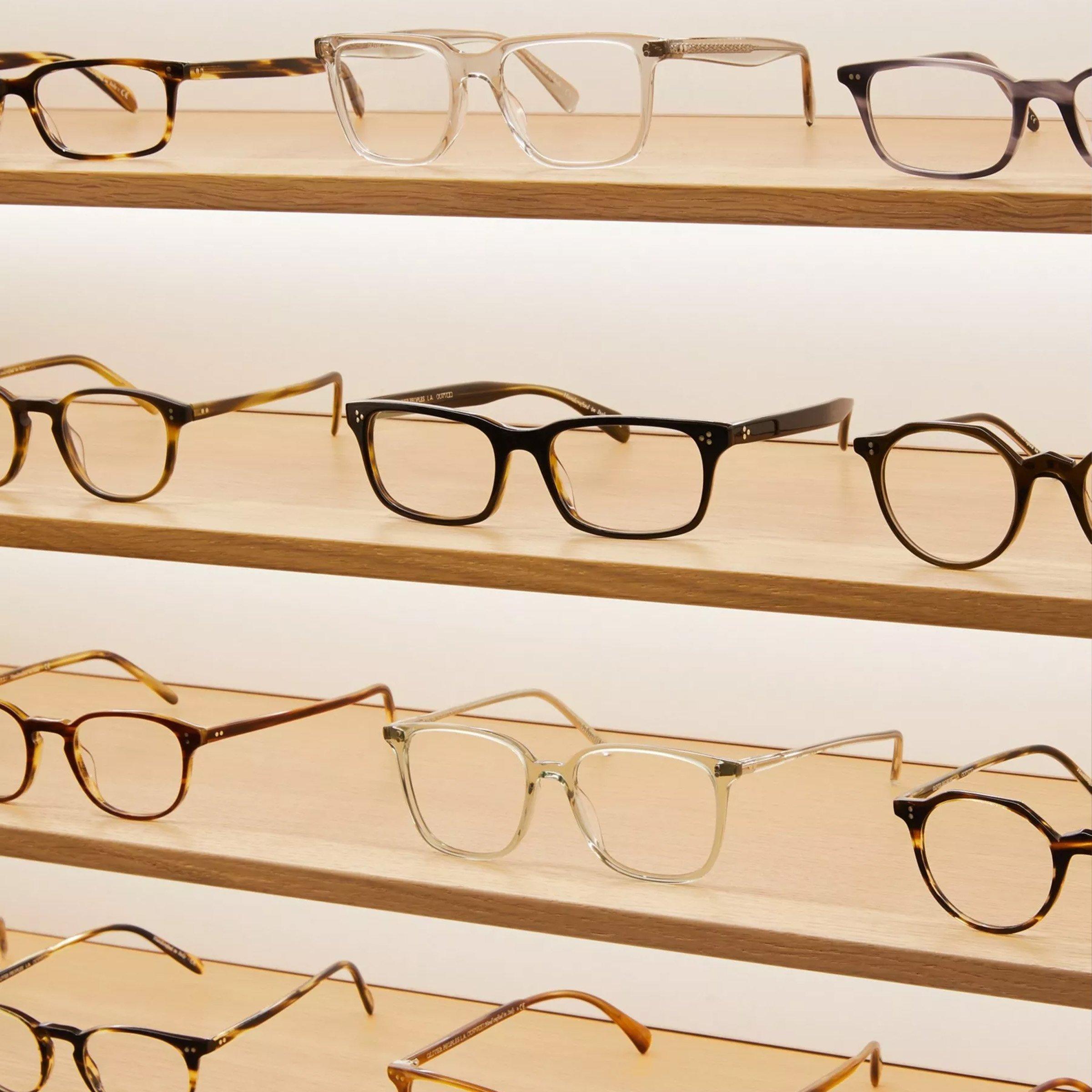 Rows of glasses on shelves