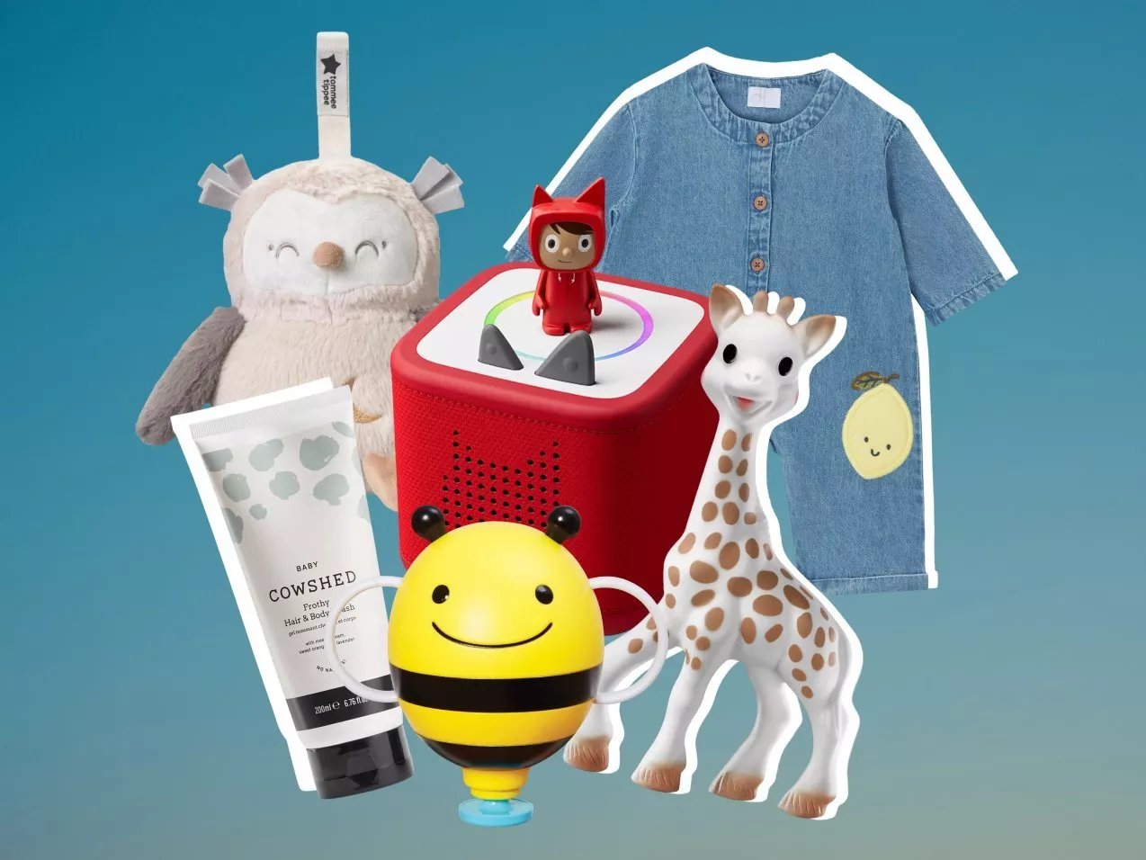 Baby gift set with denim romper, Sophie la girafe teether, plush owl, toy speaker, bee cup and body wash