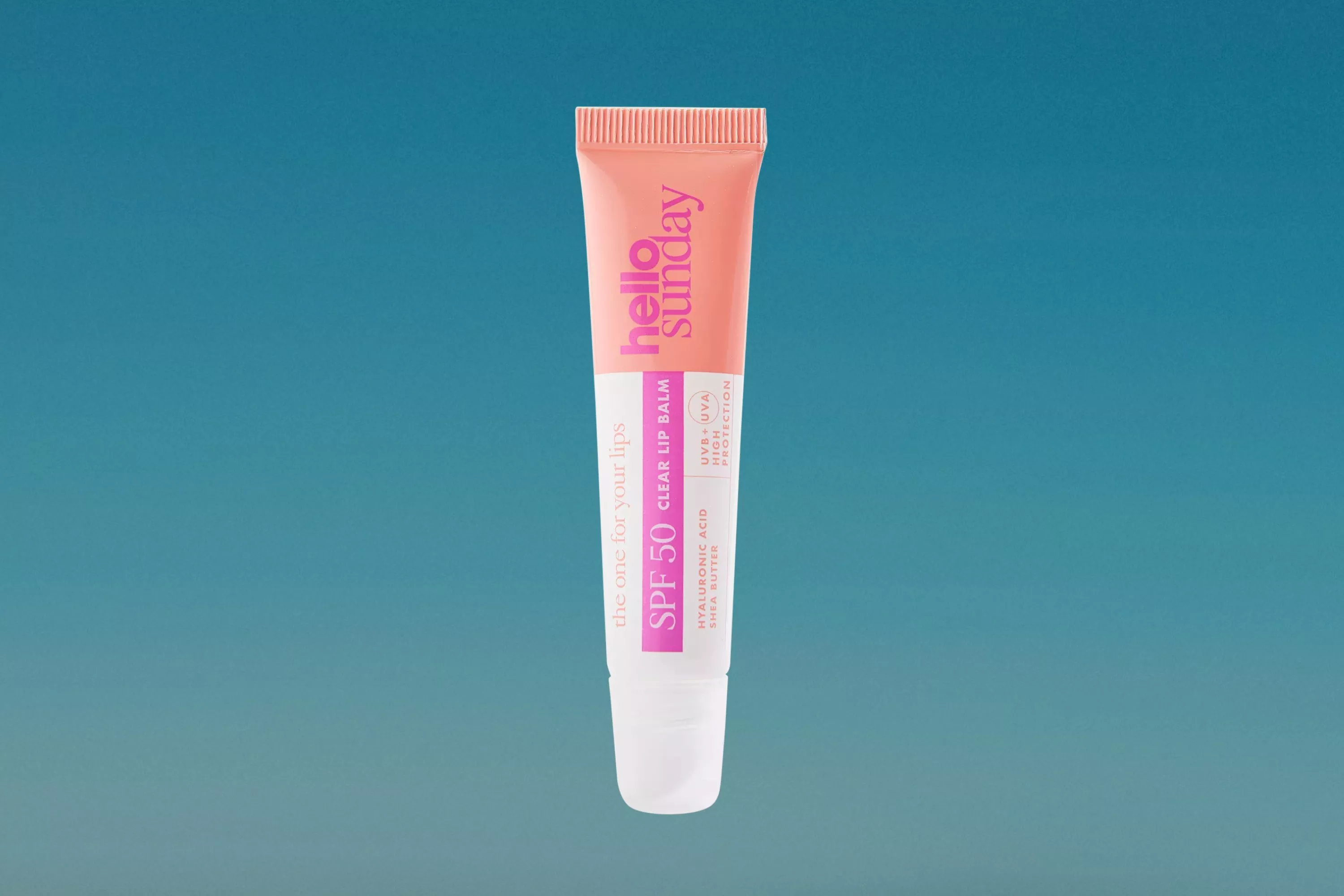 Hello Sunday The One for Your Lips SPF 50 cutout on a blue background 