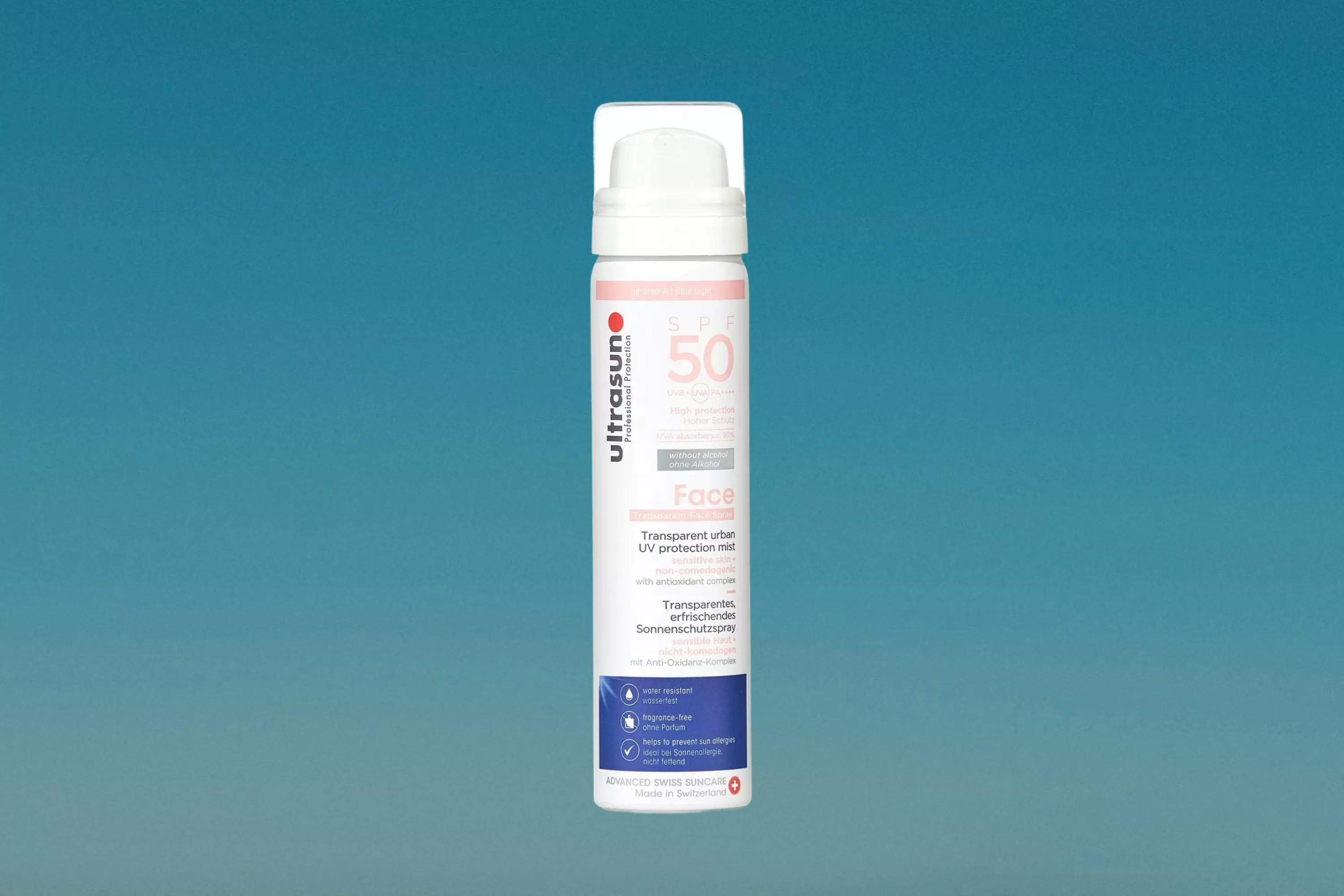 Ultrasun SPF 50 UV Face and Scalp Mist cutout on a blue background 
