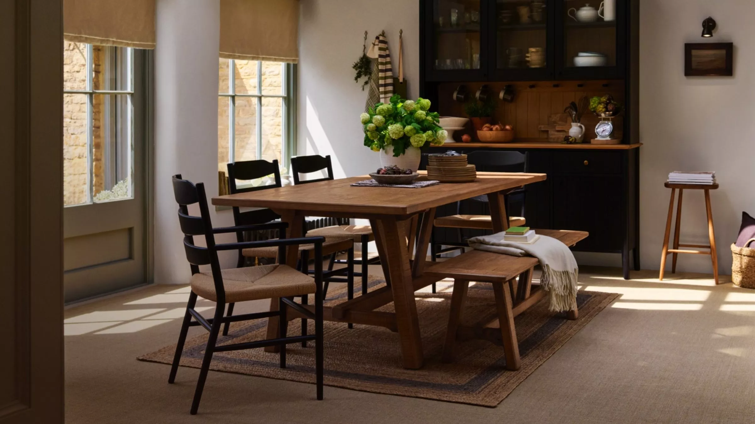 dining bench with chairs in a dining room