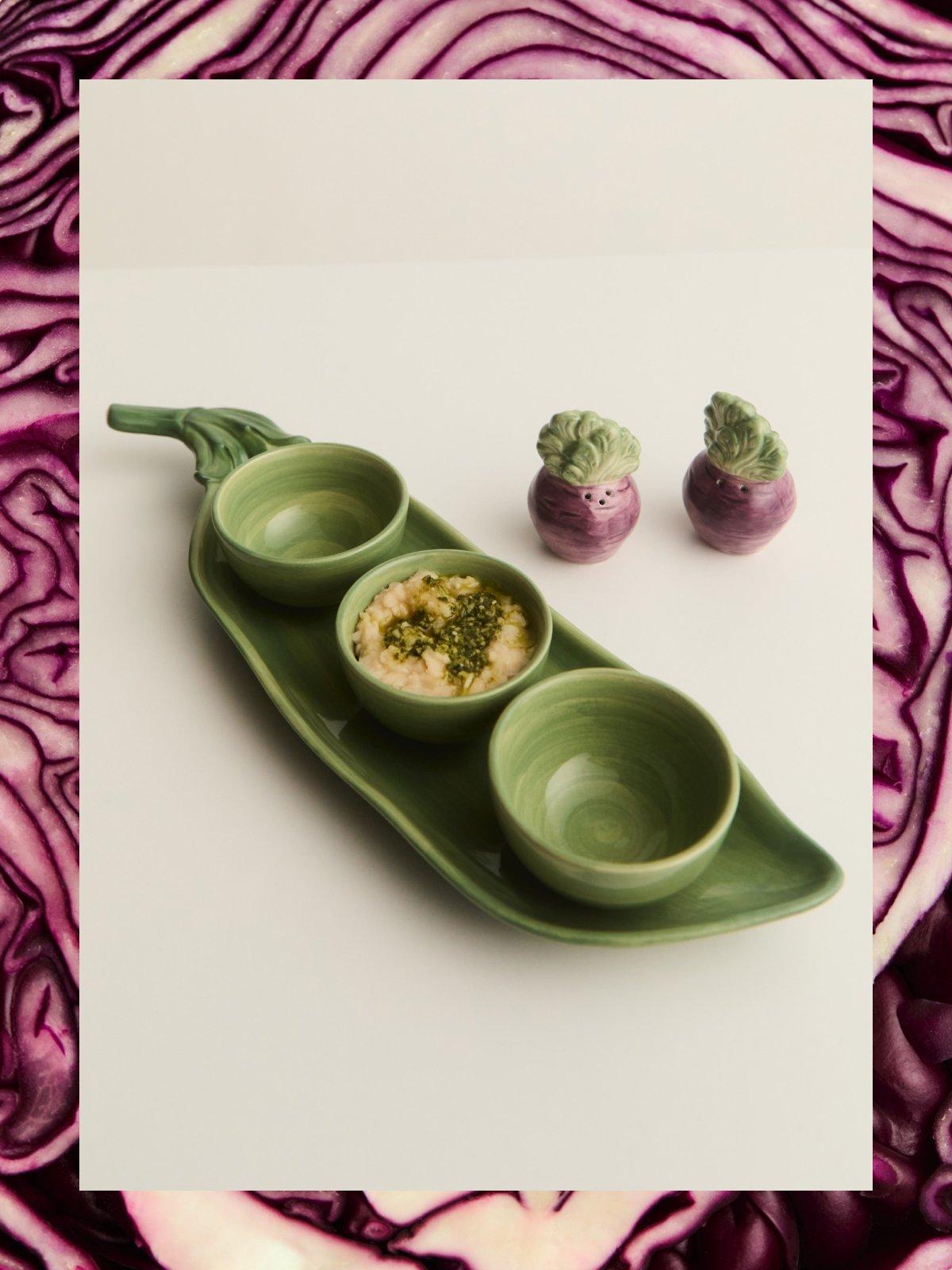 John Lewis X Deliciously Ella Peas in a Pod Hand Painted Stoneware Dip Bowls & Tray