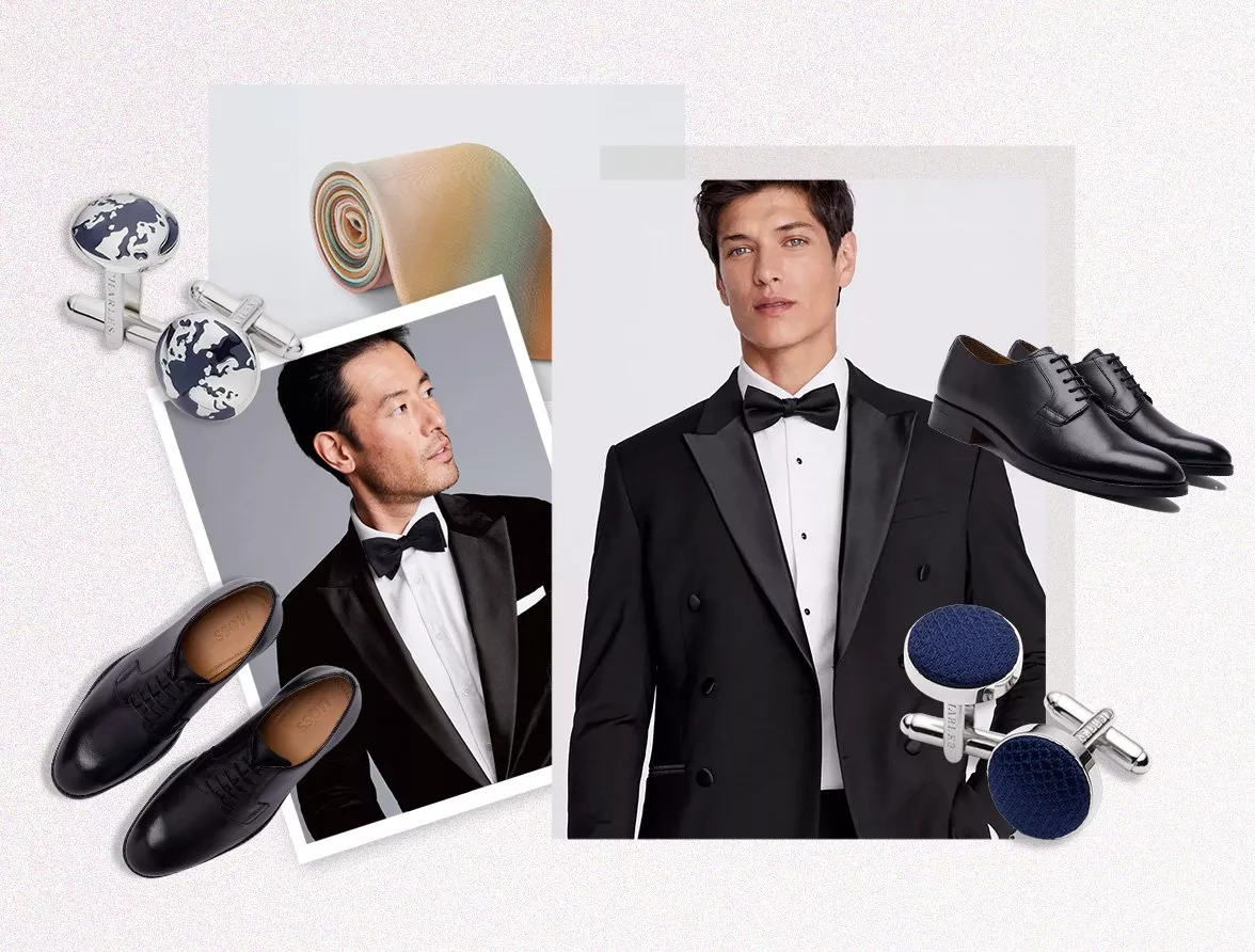 Male models wearing tuxedos, black shoes, and cufflinks in a collage.