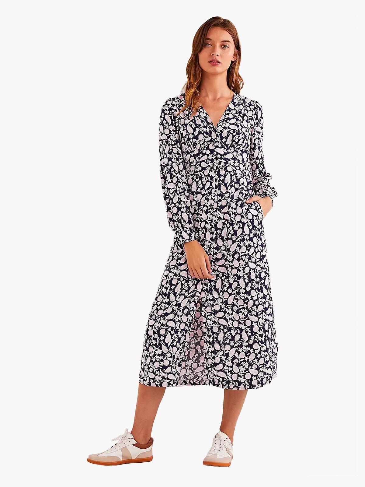 Boden Button Through Midi Tea Dress, Navy Flower Garden