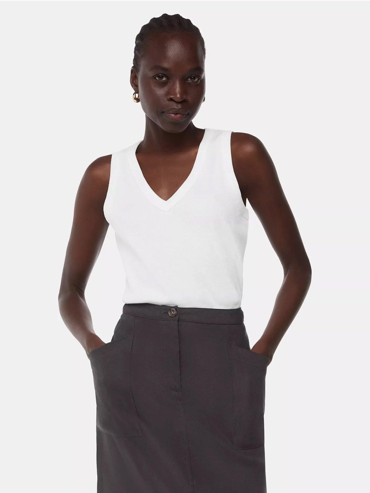 Female model wearing Whistles Ellis V Neck Jersey Top