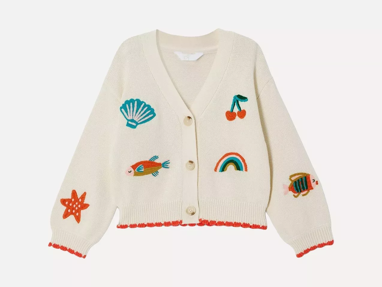 Cream cardigan with colourful embroidered designs: cherries, rainbow, fish, shell, starfish. Red trim accents.
