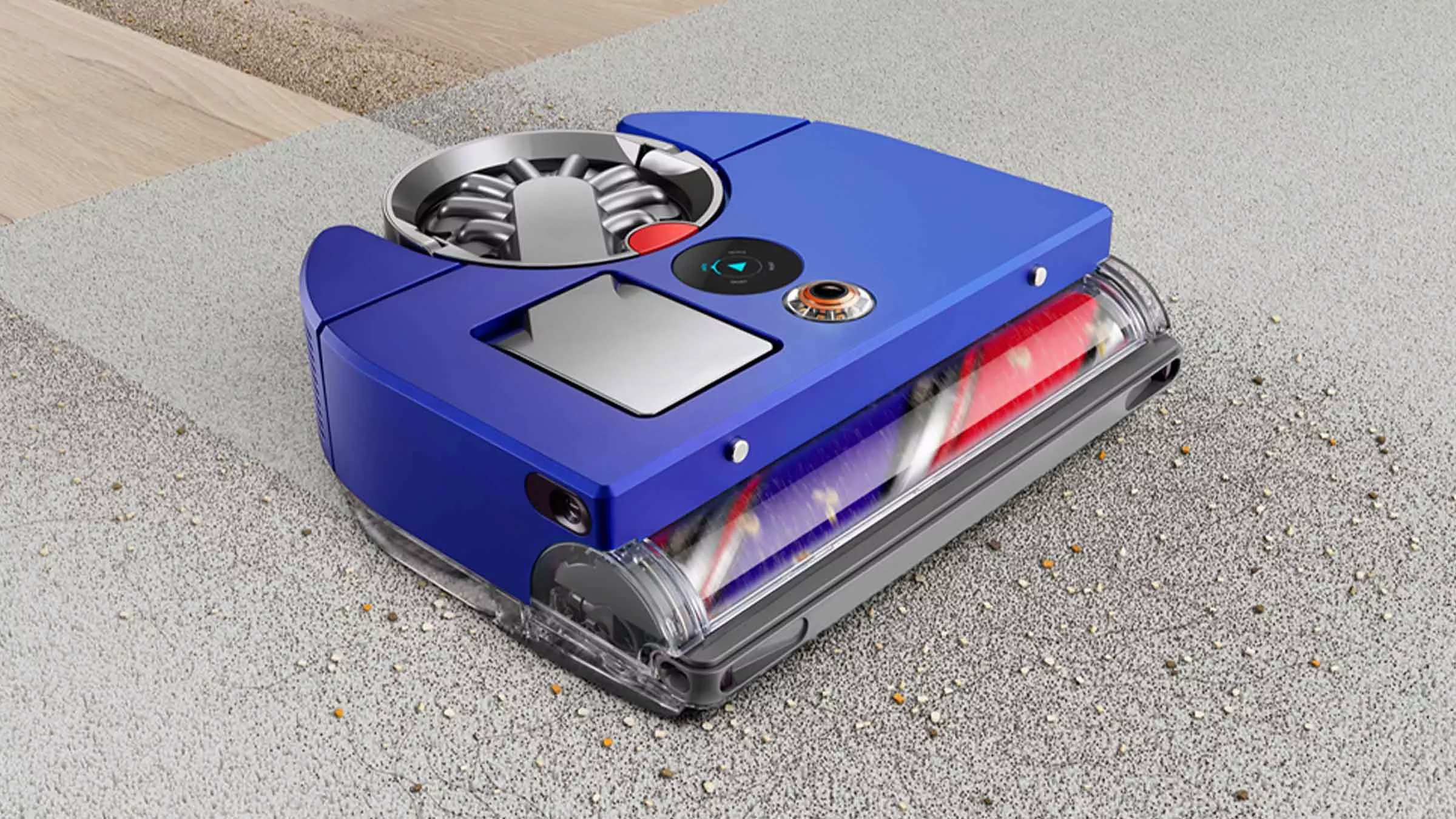 Dyson robot vacuum cleaner mopping tiled floor, picking up wet spills and crumbs with LED light trail visible