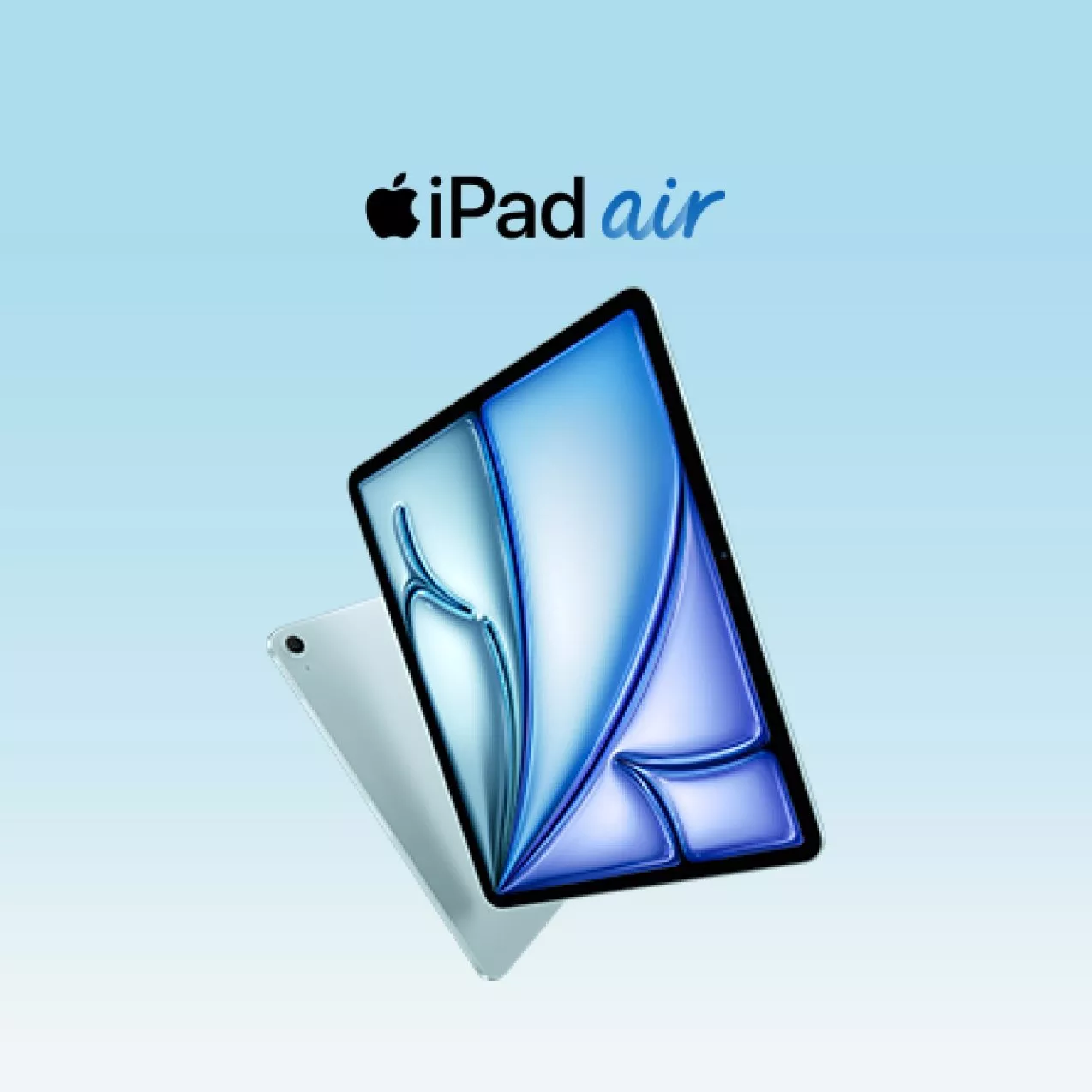 The image showcases a blue Apple iPad Air with a sleek design against a gradient blue background.
