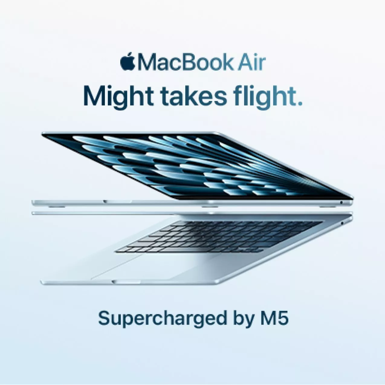 Apple MacBook Air promotional image with slogan "Might takes flight" highlighting M5 chip enhancement.