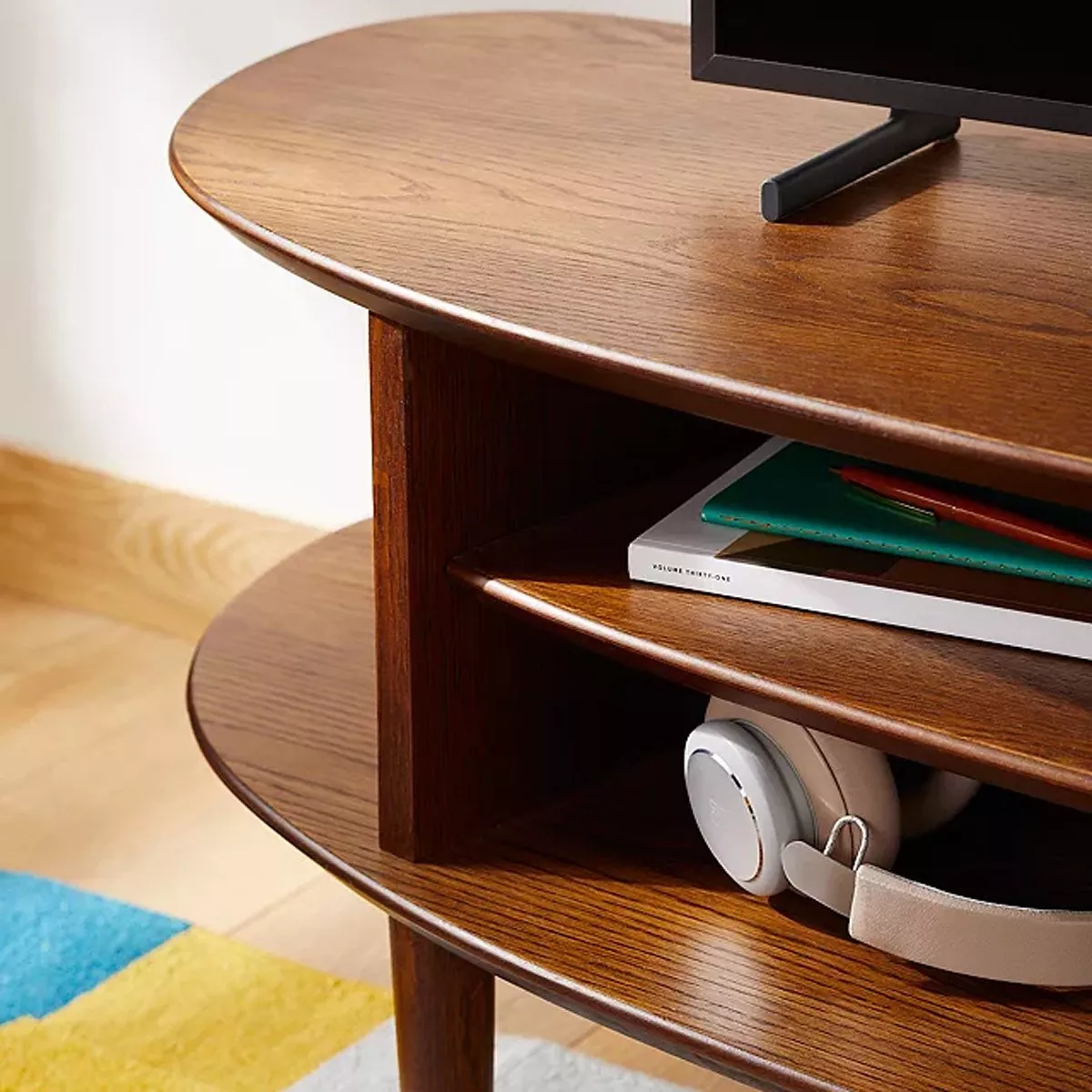Wooden TV stand with shelves