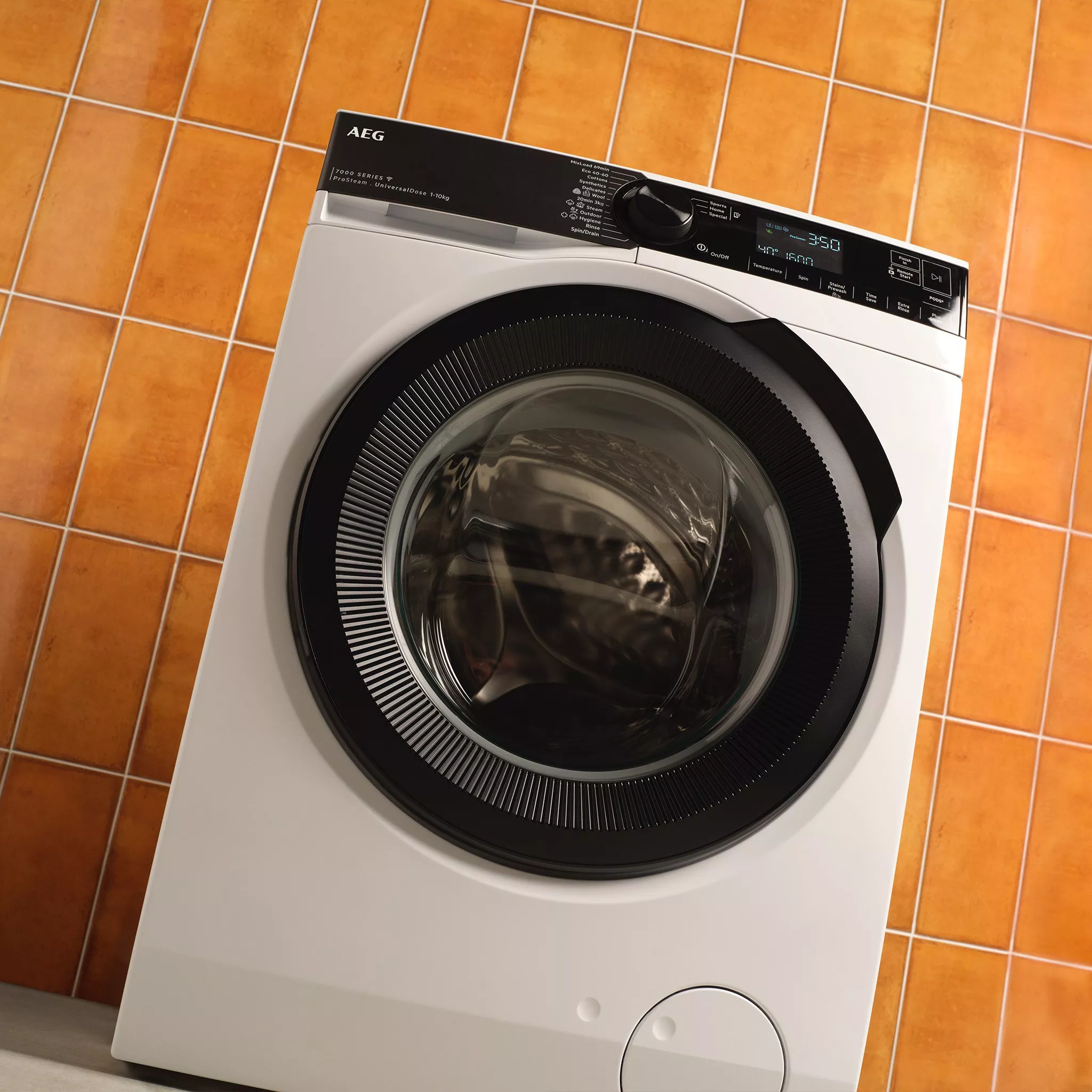 AEG white washing machines with an orange background