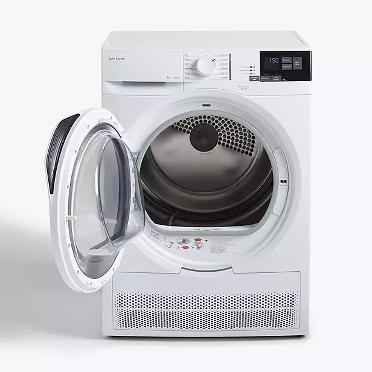 White John Lewis front-loading tumble dryer with door open, showing drum and digital control panel on white background
