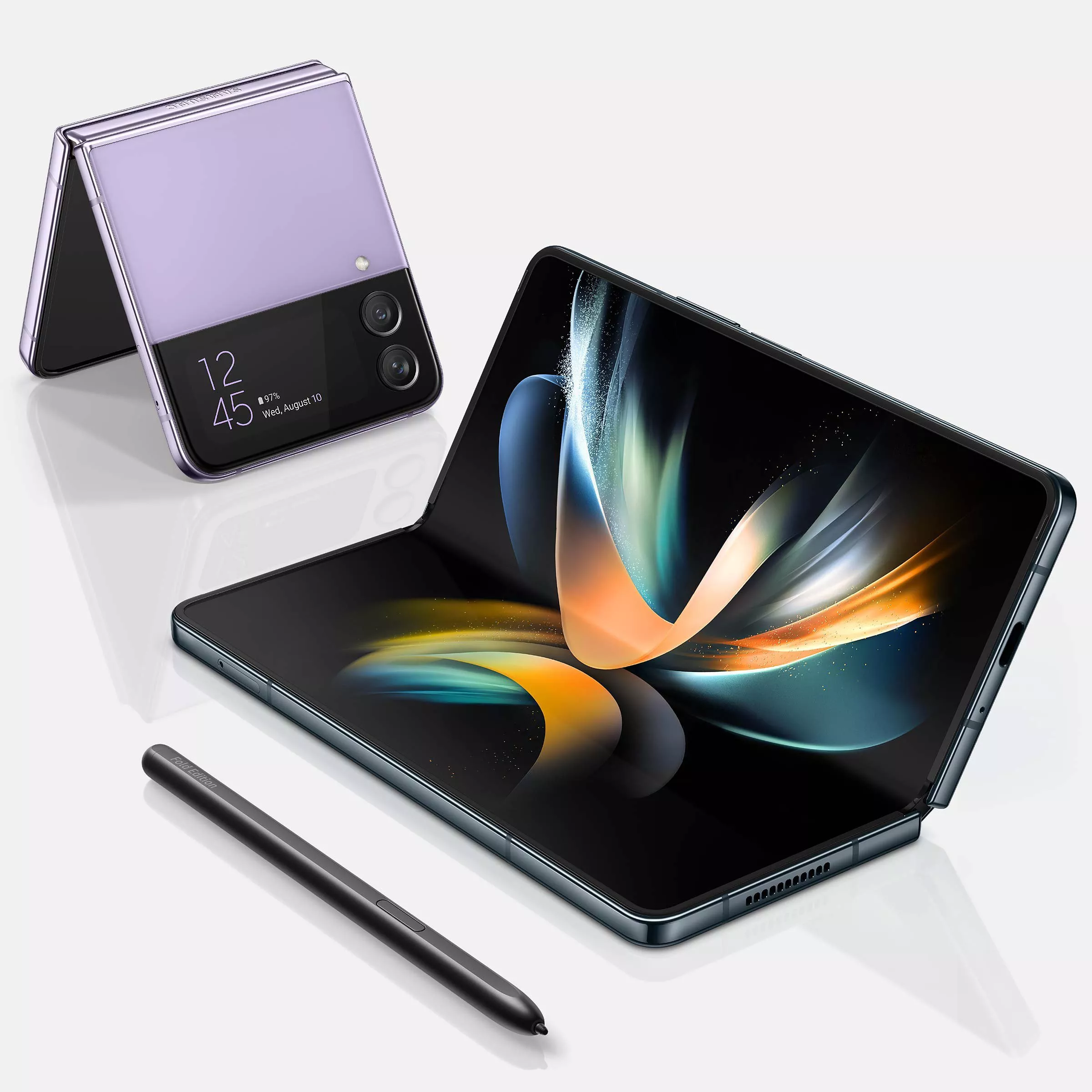 Foldable smartphone shown open like a tablet and closed, with stylus pen, highlighting flexible display and dual cameras