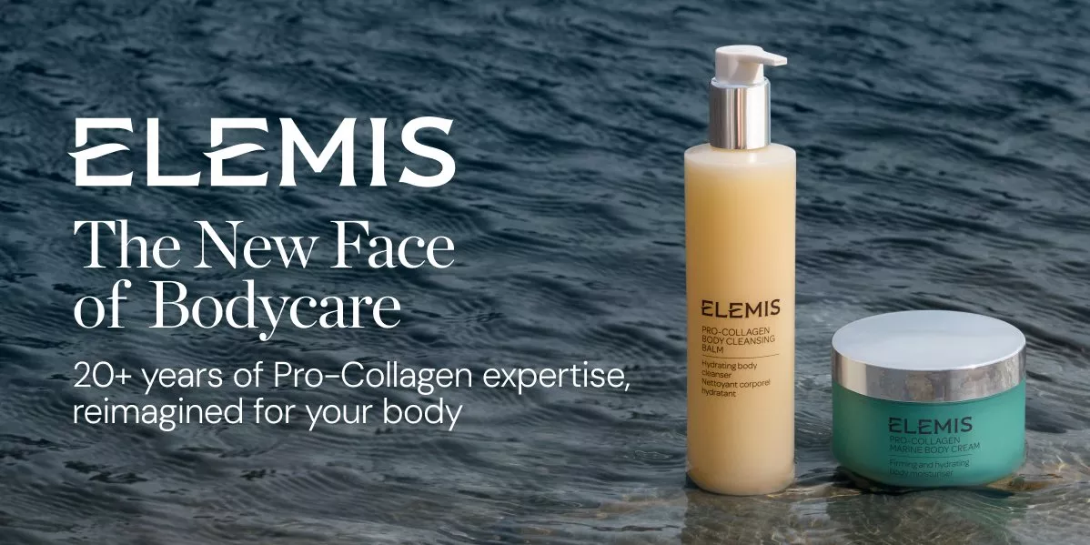 A brand banner for Elemis features two skincare products set against a background of gently rippling dark water.