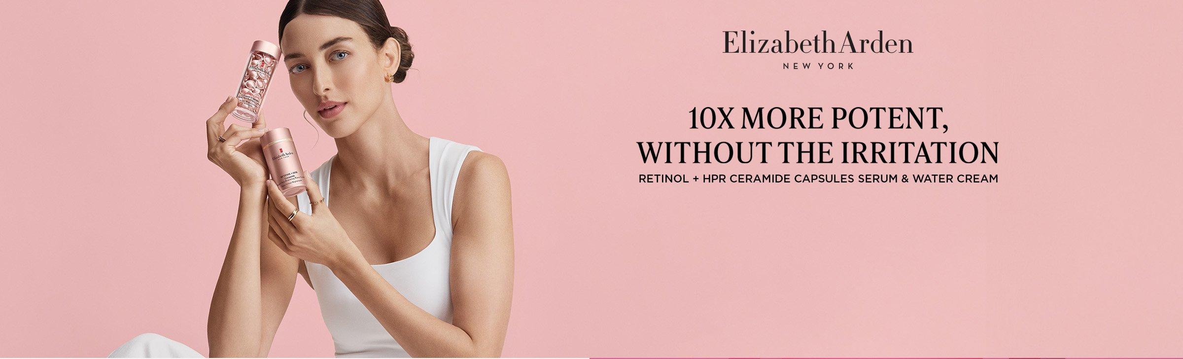 Woman holding Elizabeth Arden retinol and ceramide capsule serum, and water cream