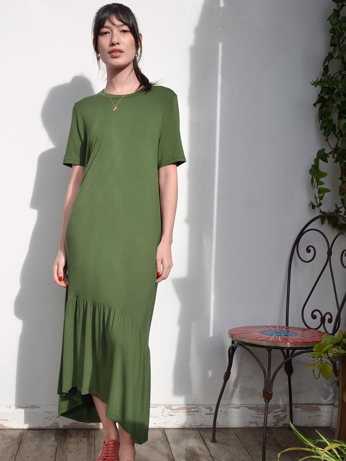 John Lewis & Partners Tiered Jersey Dress, Olive 