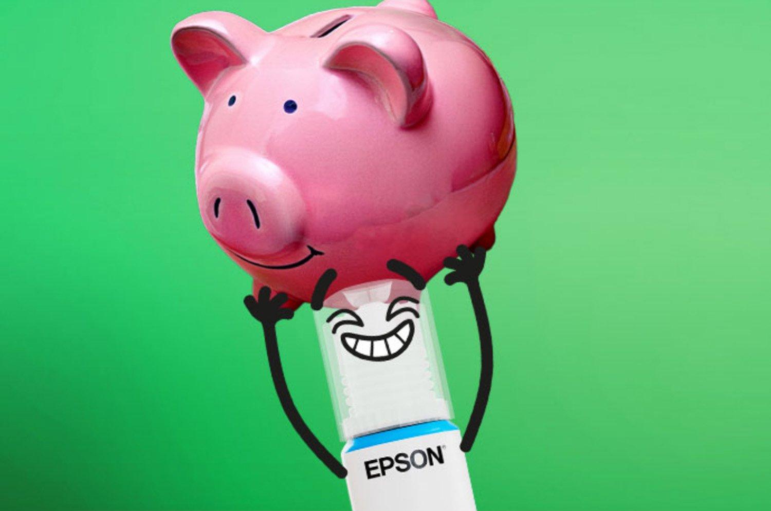 Epson Ecotank ink cartridge hoisting up piggy bank on head