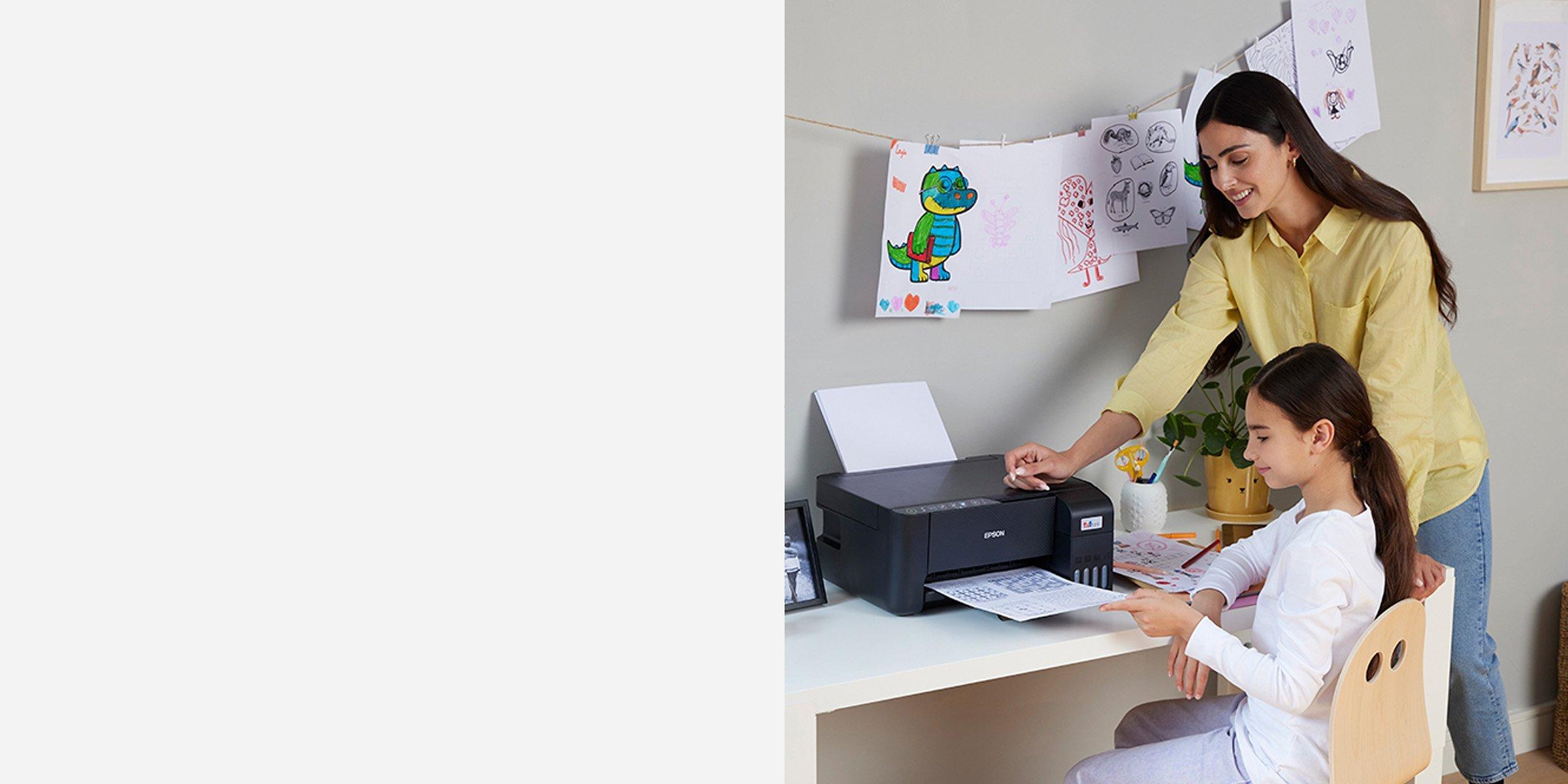 Mother and daughter using an epson printer at home