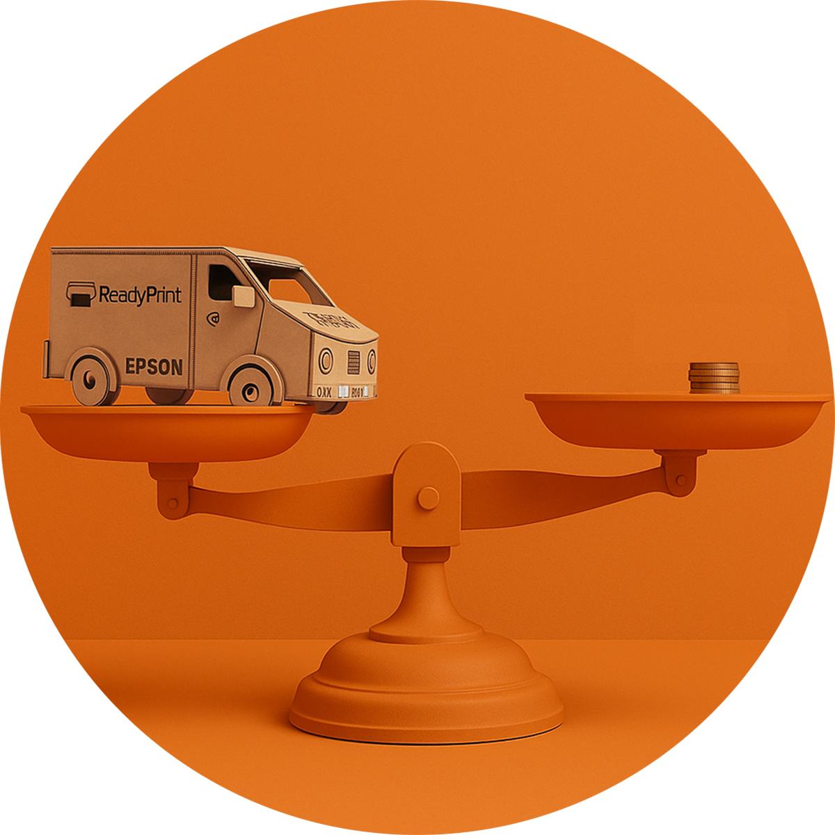 Tradional weighing scales with a small toy size cardboard van on one tray and a vcoin stack on the other.