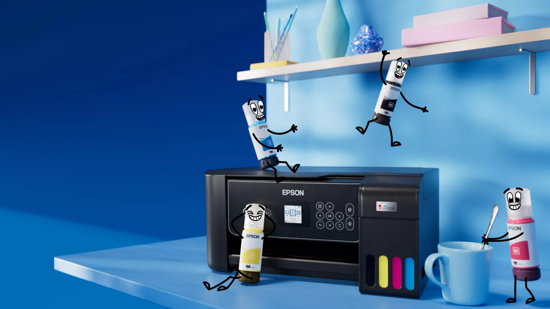 Epson EcoTank with animated ink bottles on a blue background, showcasing vibrant colours and easy refilling.