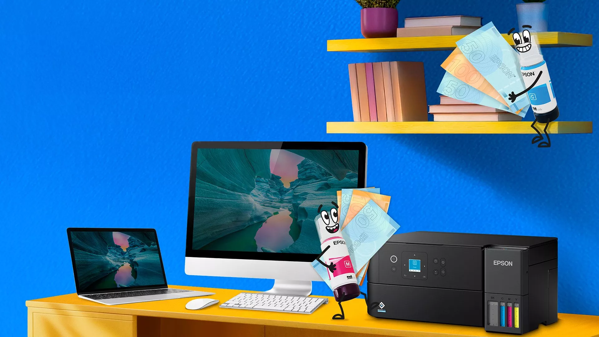 Epson EcoTank printer setup with animated ink bottles, computer, and laptop on a vibrant blue background.