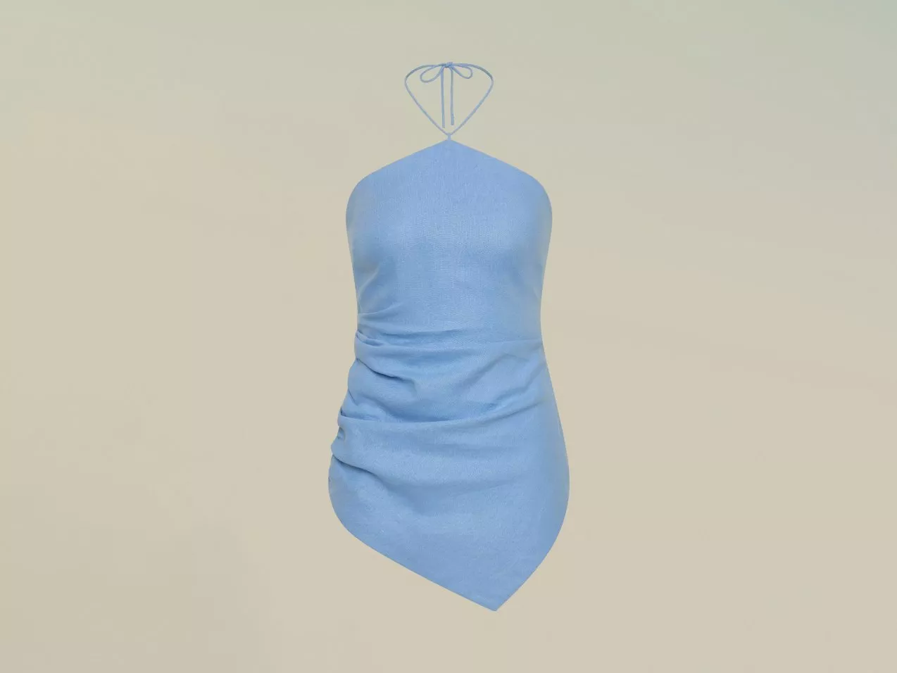 Light blue halterneck mini dress with ruched waist and tie neck, studio product photo on neutral background