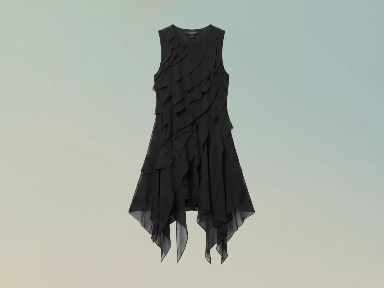 Black sleeveless chiffon dress with layered ruffles and handkerchief hem, elegant partywear on neutral background