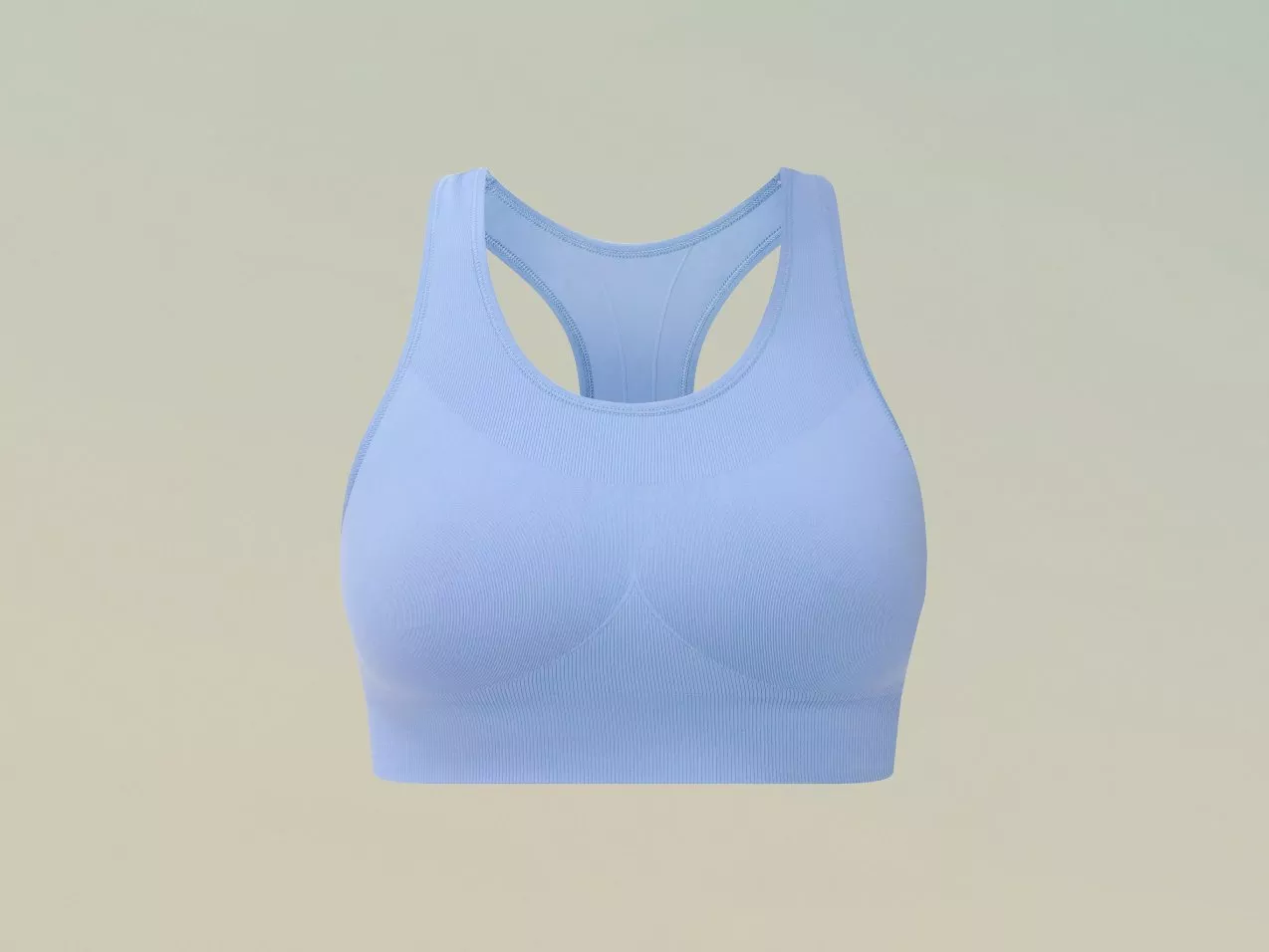 Light blue seamless racerback sports bra, supportive activewear top for gym, yoga and running on plain background