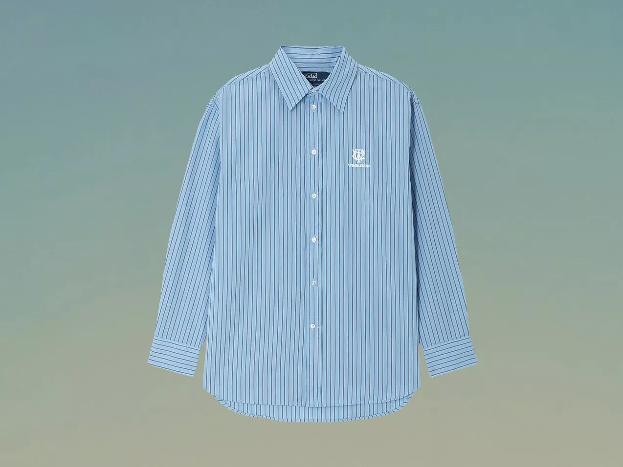Light blue striped long-sleeve button-down shirt with Wimbledon crest embroidery, front view on plain background