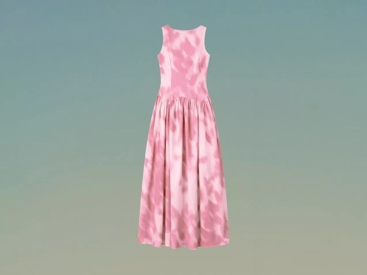 Pink tie-dye sleeveless maxi dress with gathered waist and flowing skirt on a soft green background