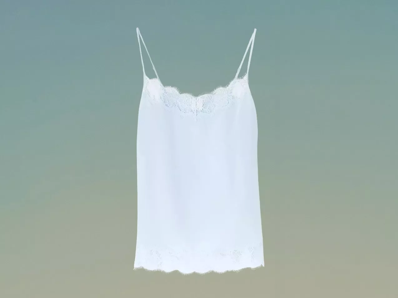 White lace trim camisole top on hangers, on green gradient backdrop