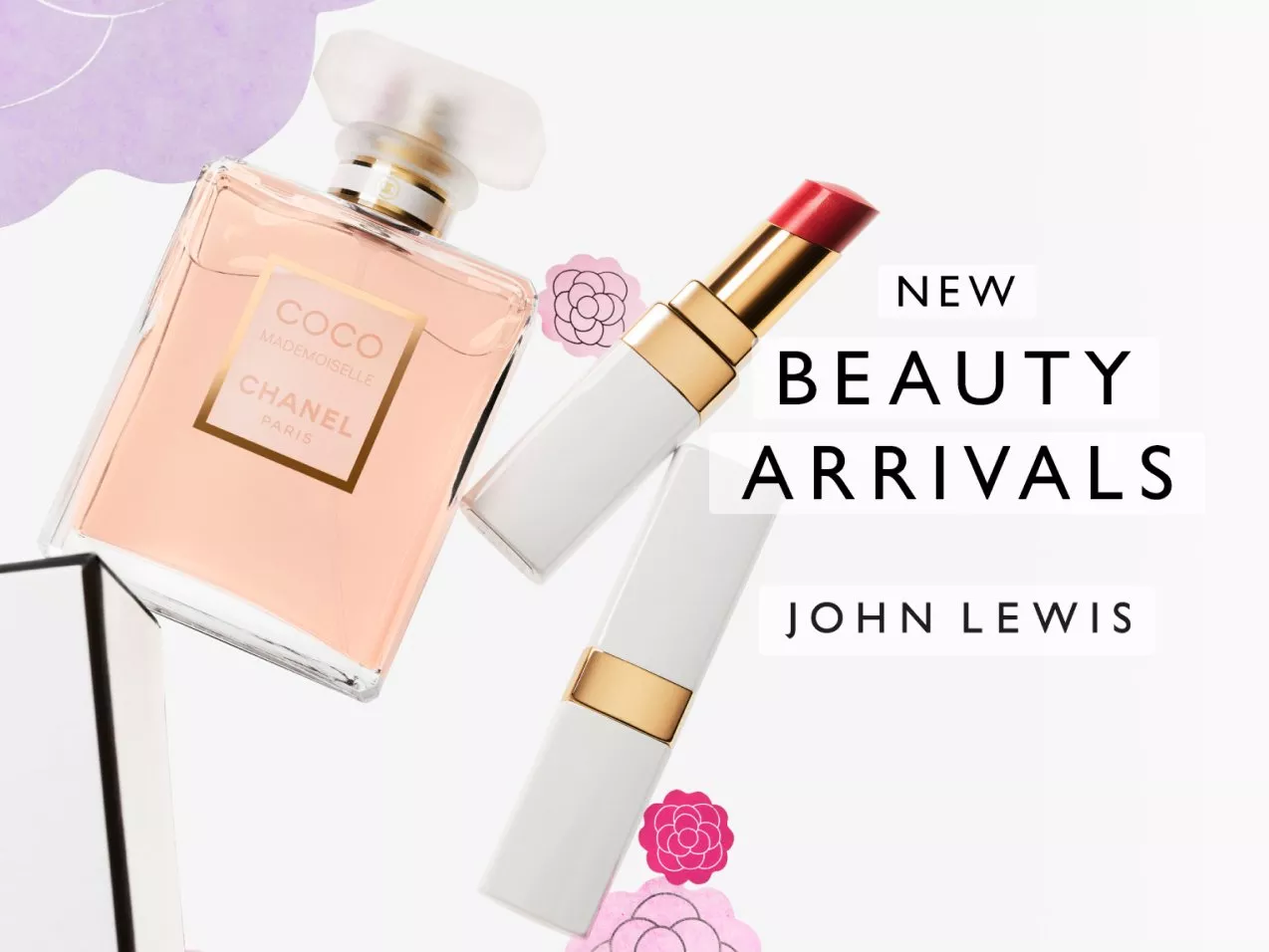 Perfume and red lipstick featured in a John Lewis advert for new beauty arrivals. Floral accents enhance the design.