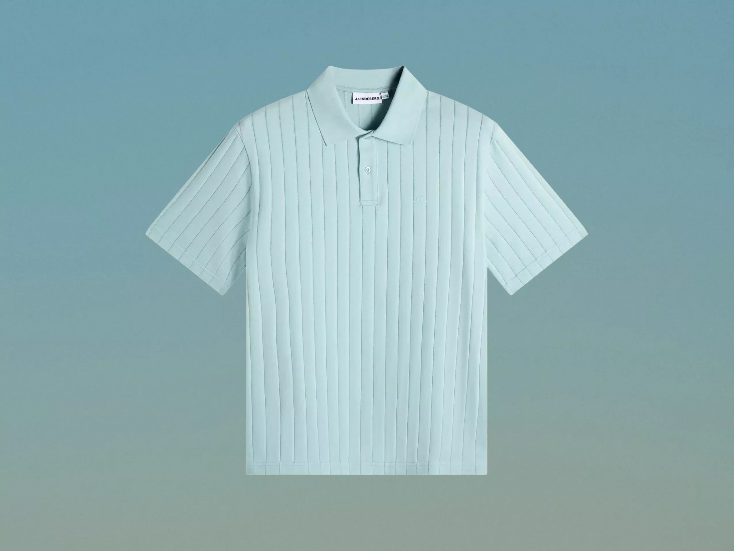 Light blue ribbed short-sleeve polo shirt with collar and button placket, isolated on a light blue background
