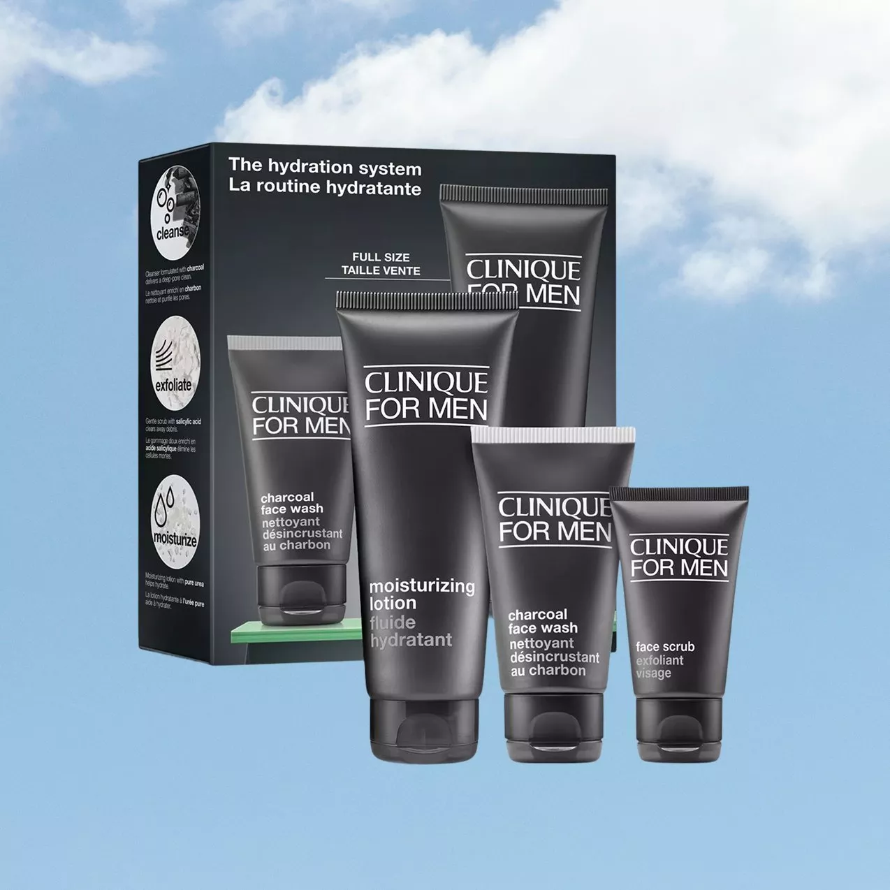Clinique For Men Hydration System gift set with charcoal face wash, face scrub and moisturising lotion tubes.