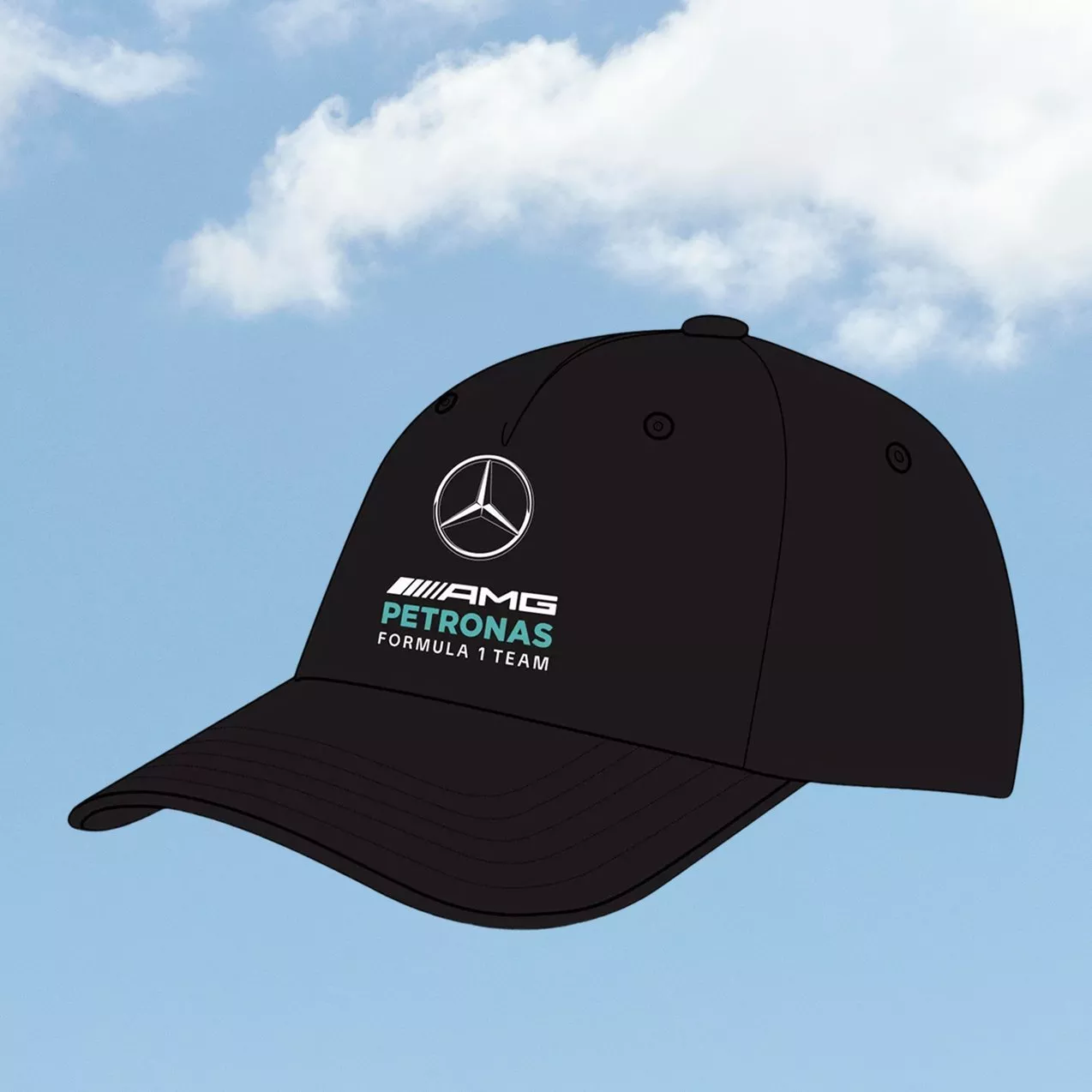 Black Mercedes-AMG Petronas Formula 1 team baseball cap with embroidered logo, curved peak, on sky background