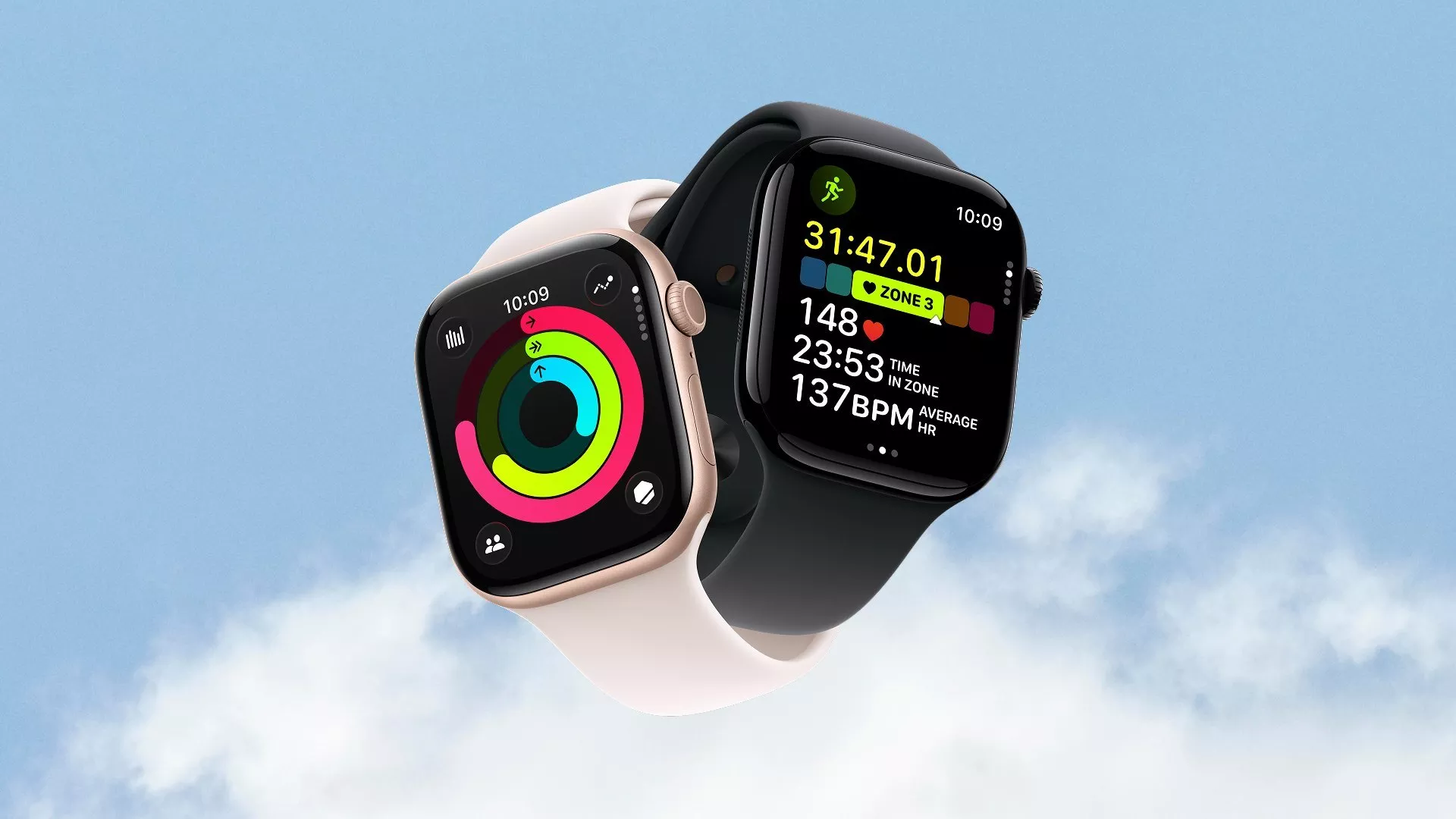 Two fitness smartwatches showing activity rings, workout timer and heart rate stats on a blue sky background