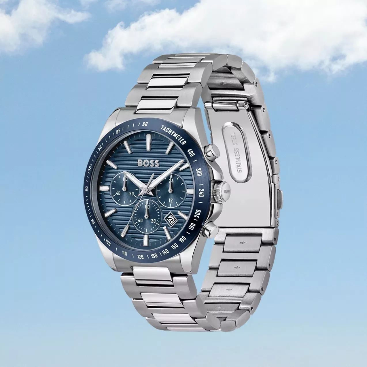 Hugo Boss stainless steel chronograph watch with blue dial, tachymeter bezel and date window on metal bracelet