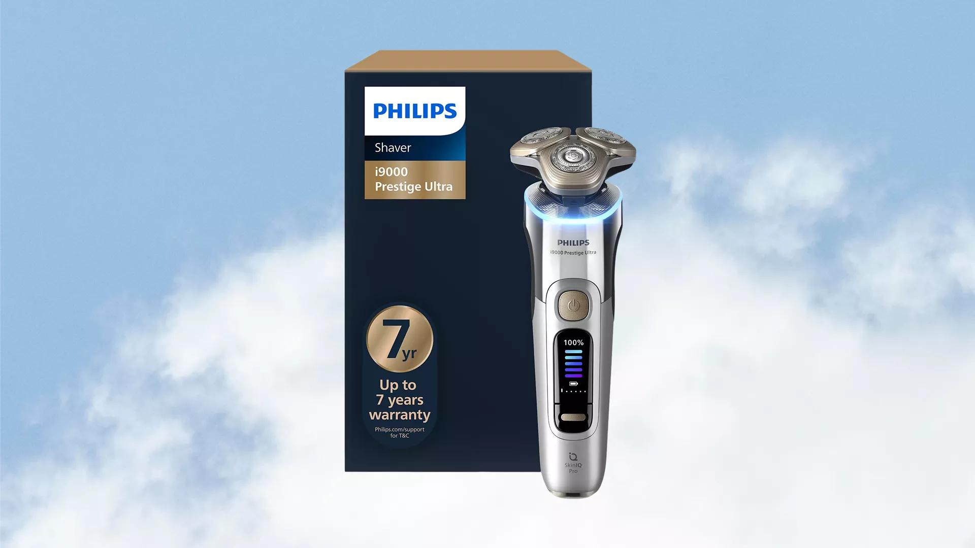 Philips i9000 Prestige Ultra electric shaver with box, featuring 7-year warranty badge and digital display
