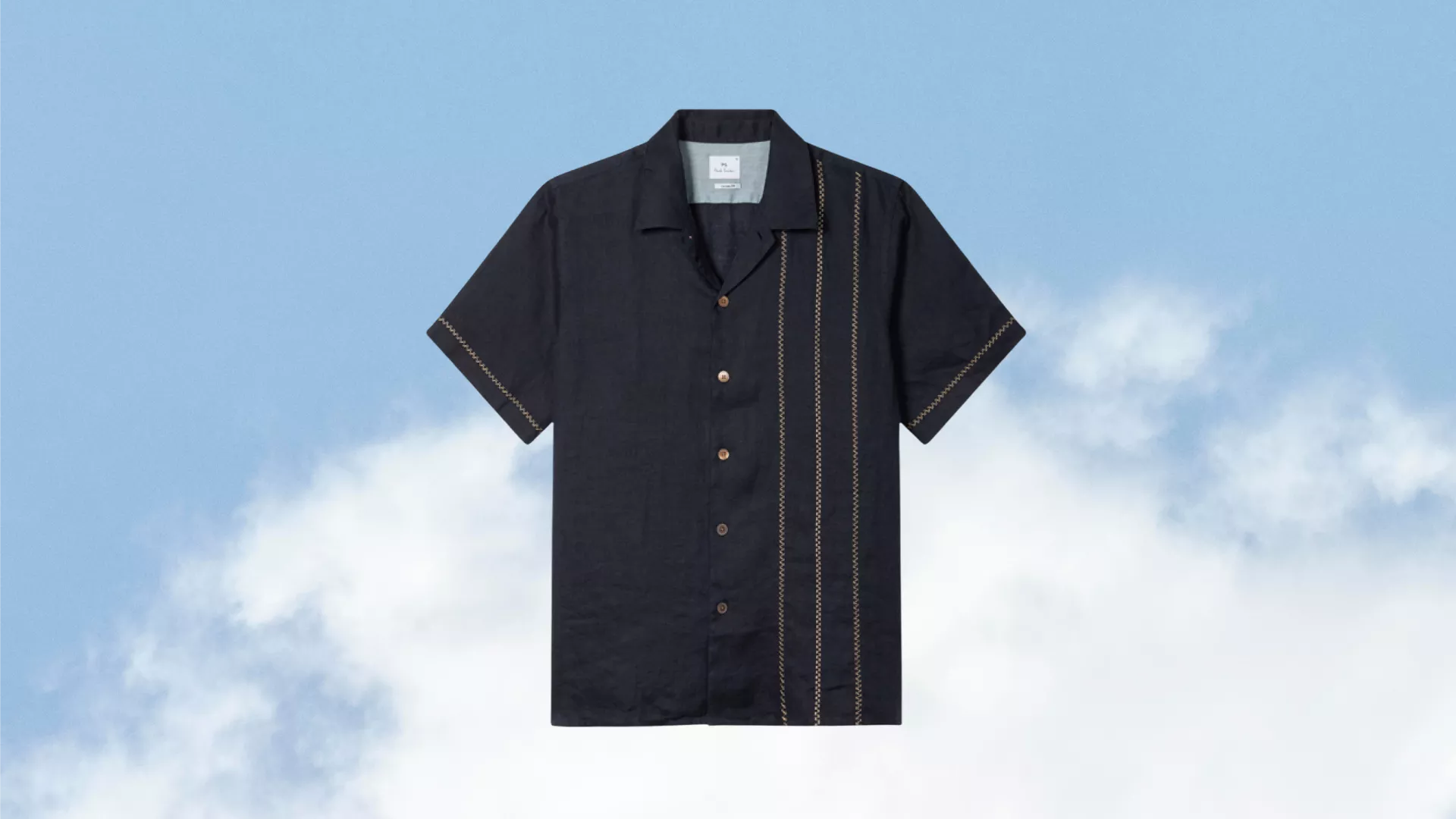 Navy short-sleeve button-up shirt with contrast stitched stripes, lightweight summer resort wear on sky background