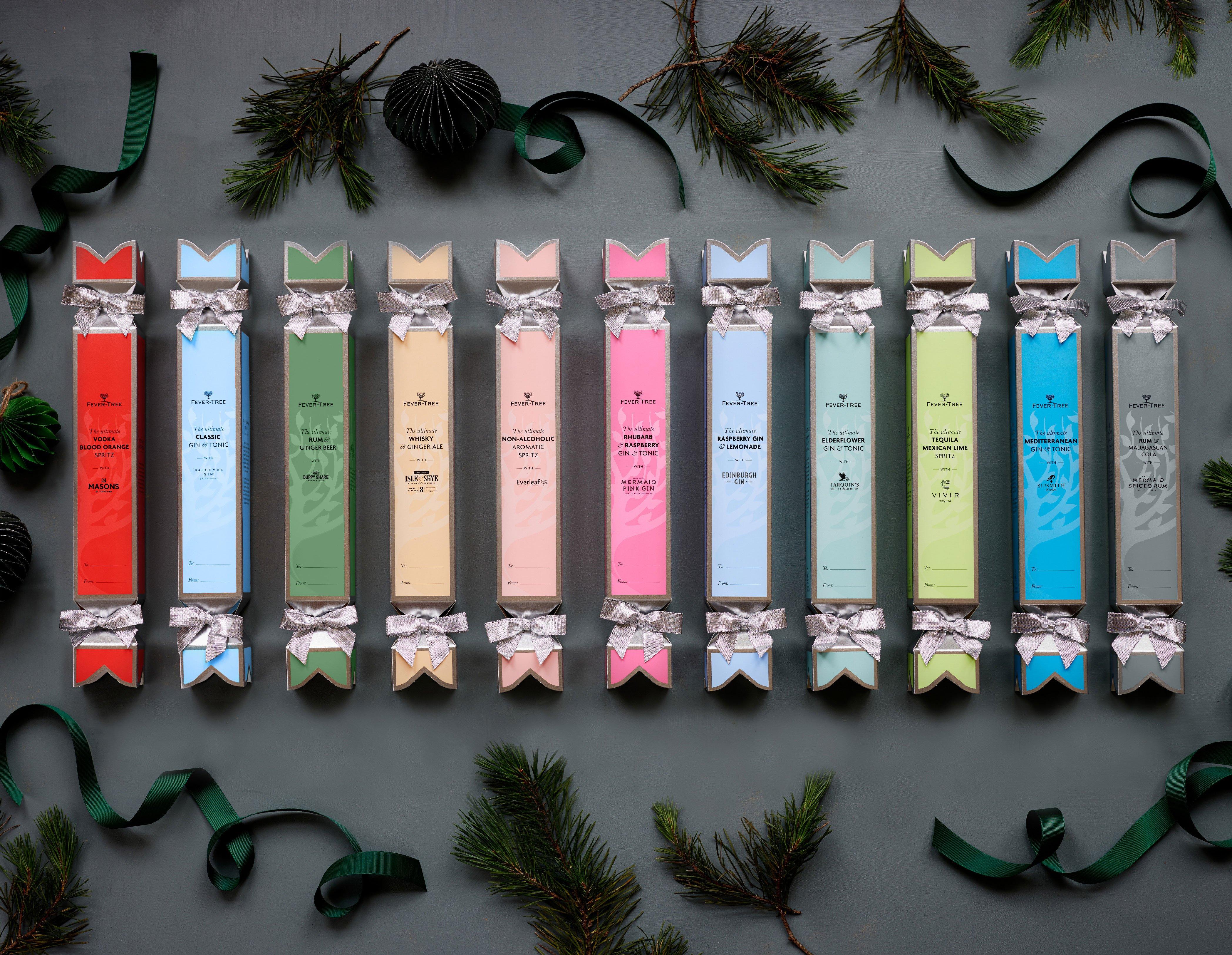 Fever Tree Crackers on a table with Christmas decorations