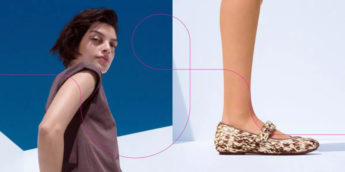 FitFlop brand page banner featuring a woman posing on the left and a close-up of a cow-print Mary Jane flat shoe on the right.