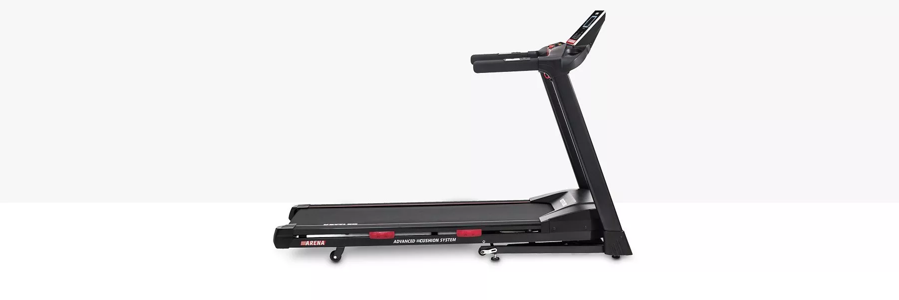 Side view of black folding treadmill with console and handrails