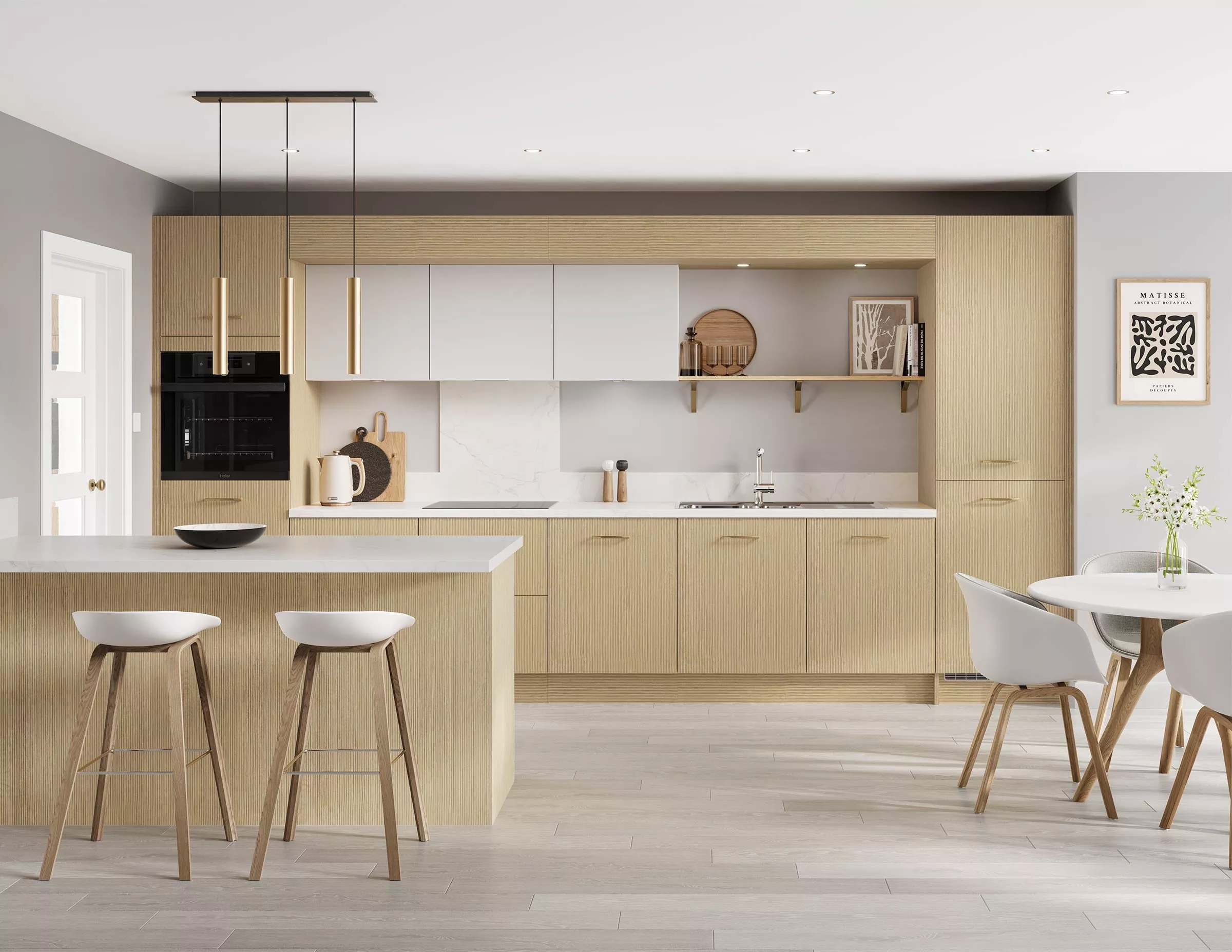 Kitchen setting with light wood cabinets and two bar stools