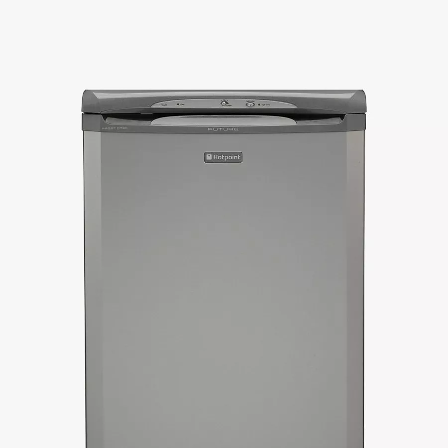Hotpoint silver freestanding dishwasher front view, compact kitchen appliance with top control panel on white background
