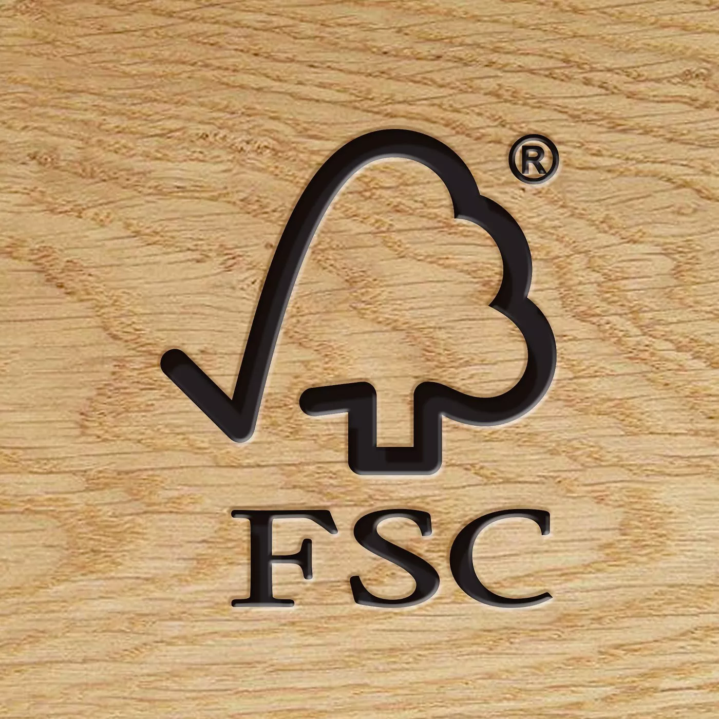 FSC certified wood logo on timber background, showing responsible forestry and sustainable wood sourcing mark