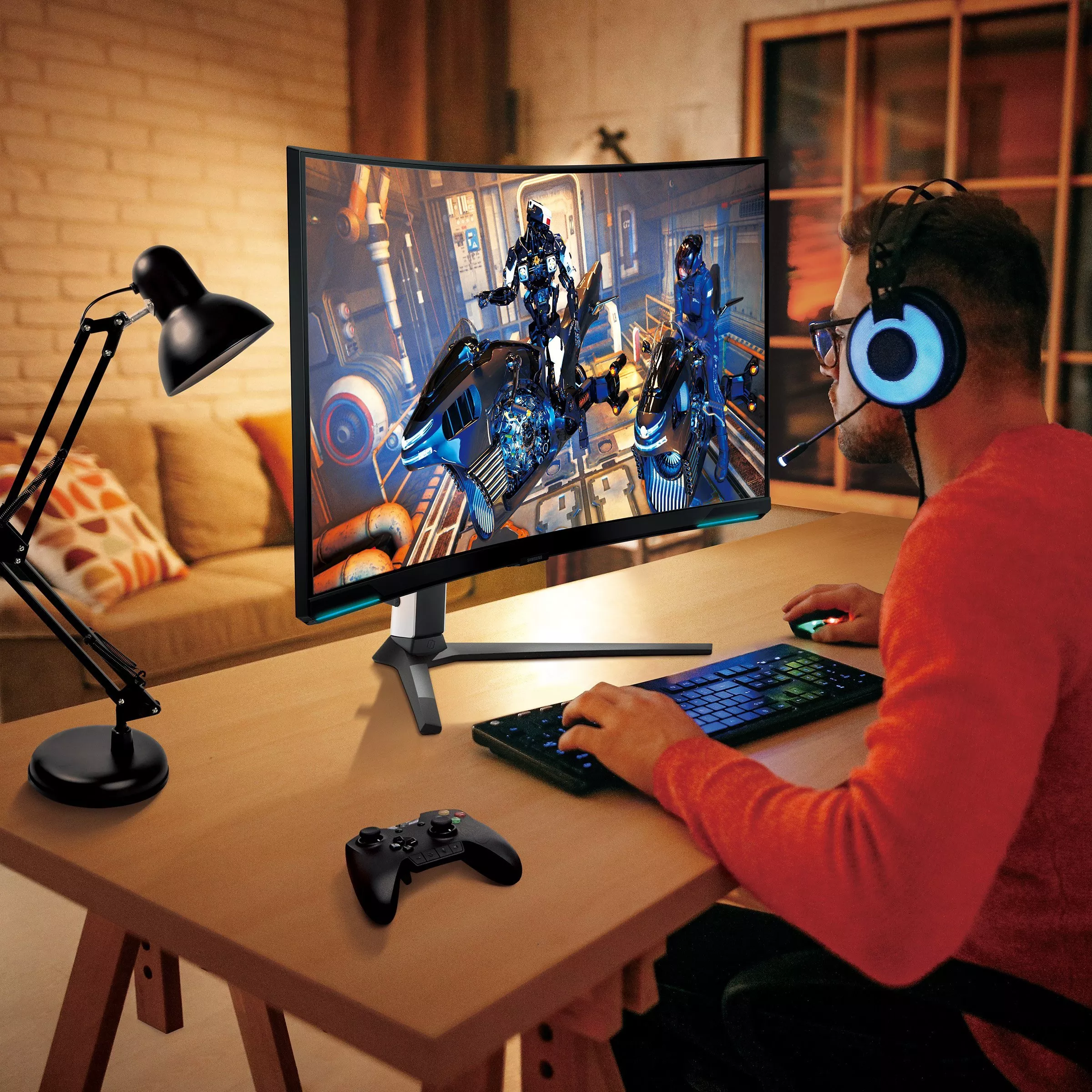 Gamer wearing headphones plays flight simulator on curved ultrawide monitor with aircraft over city at sunset